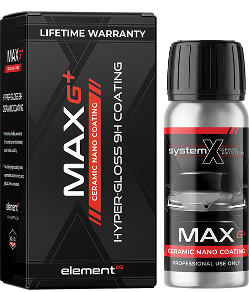 A bottle of System X Max G+ ceramic nano coating next to its box, both labeled with product information.